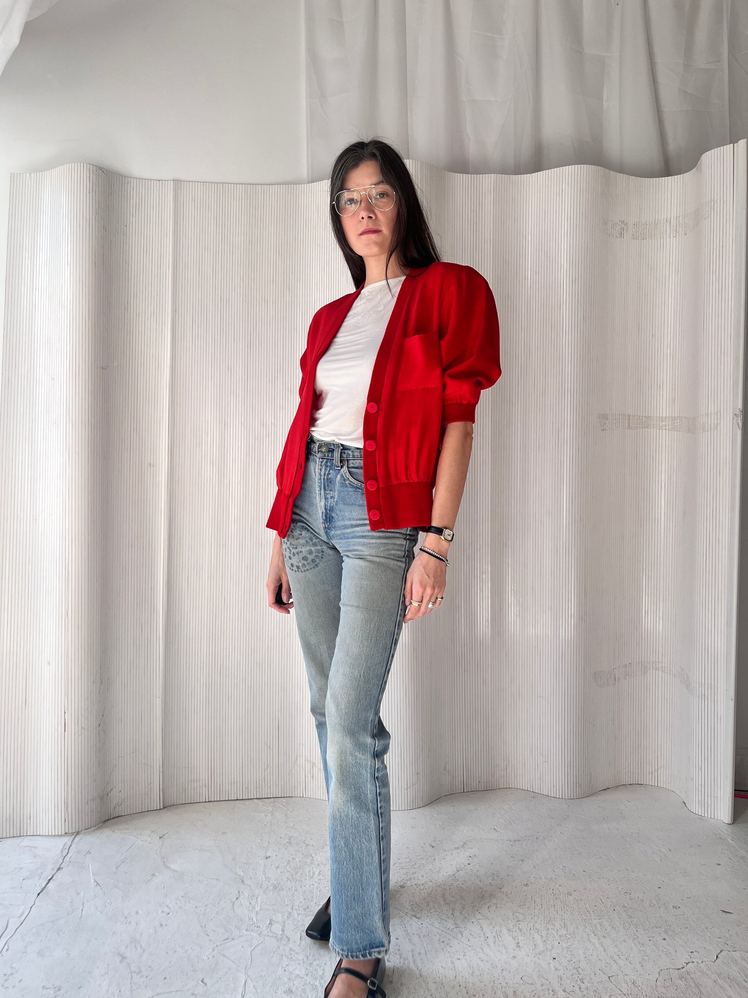 Red silk cardigan top