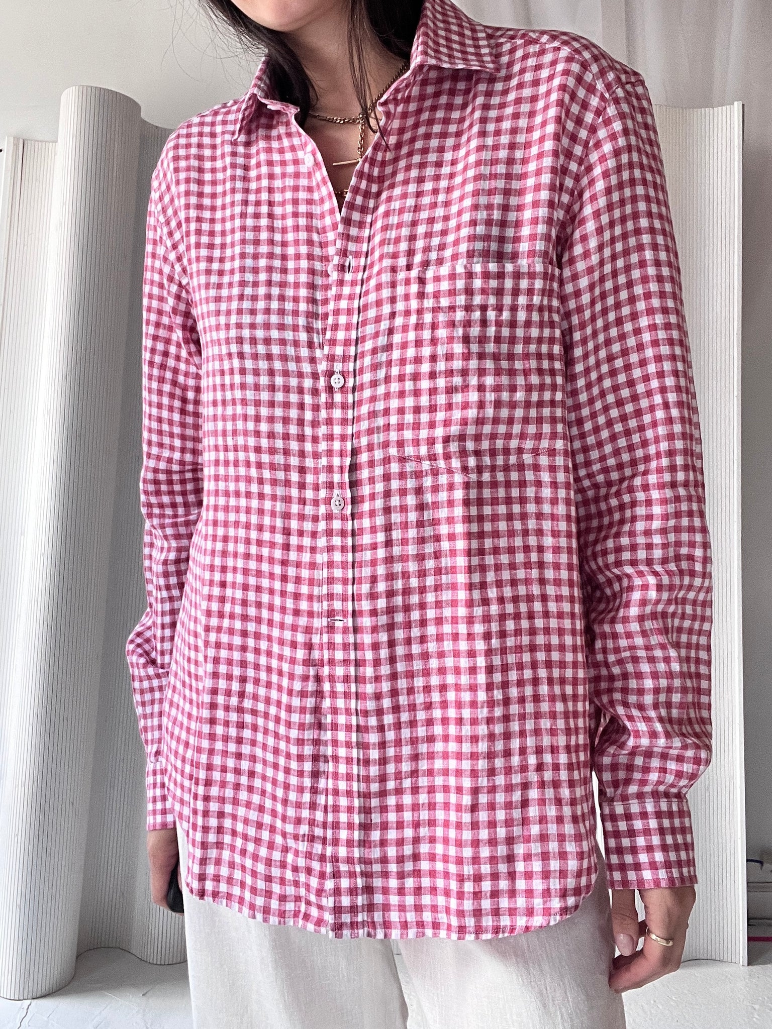 Pink Gingham Linen Button Down