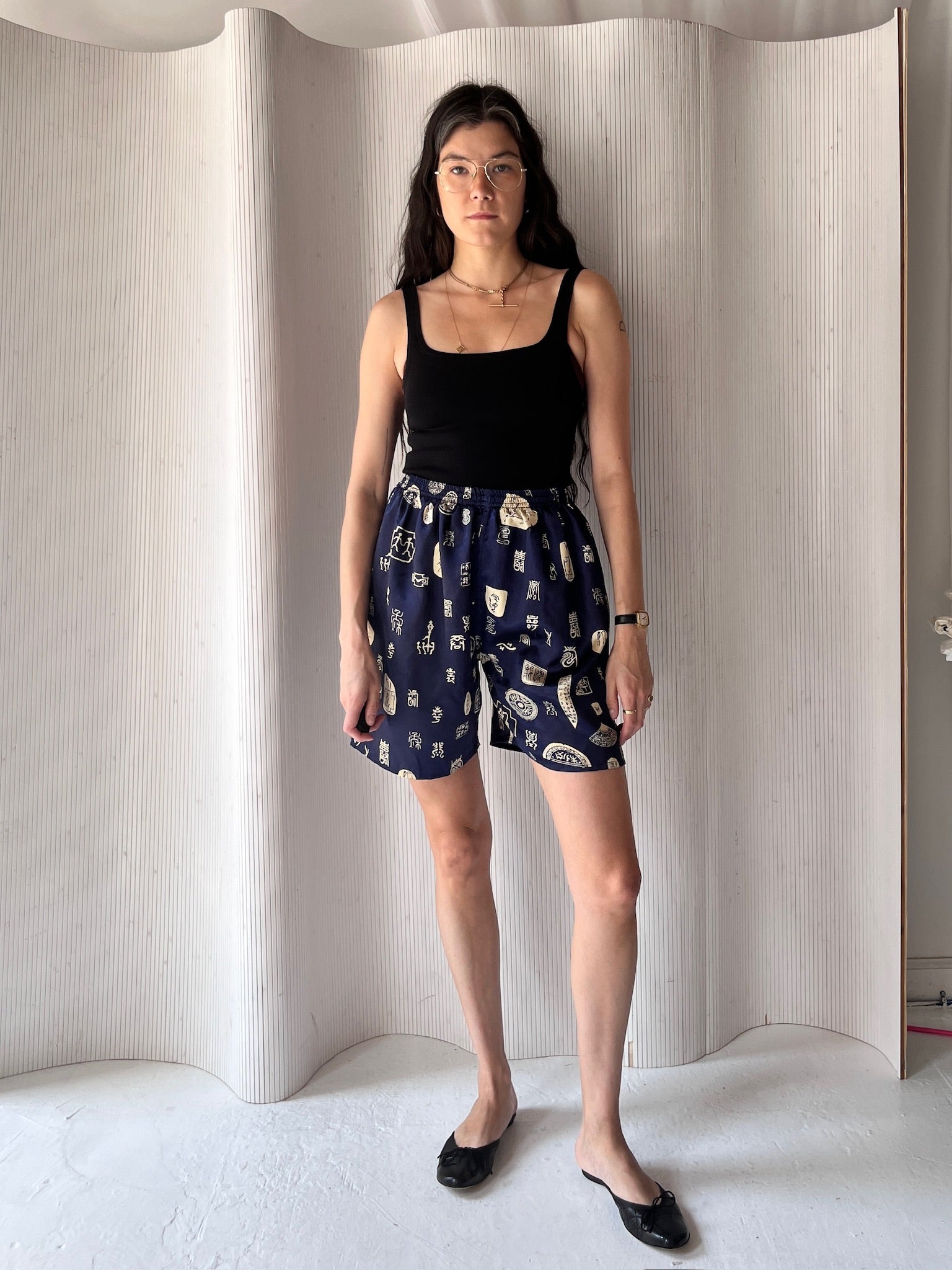 Navy silk patterned short