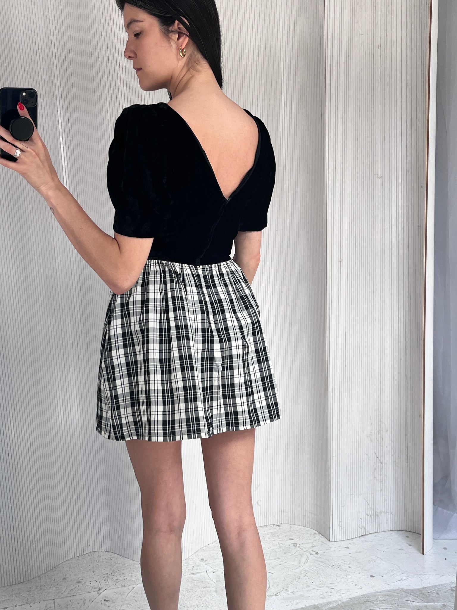 vintage 1980s plaid + velvet mini dress