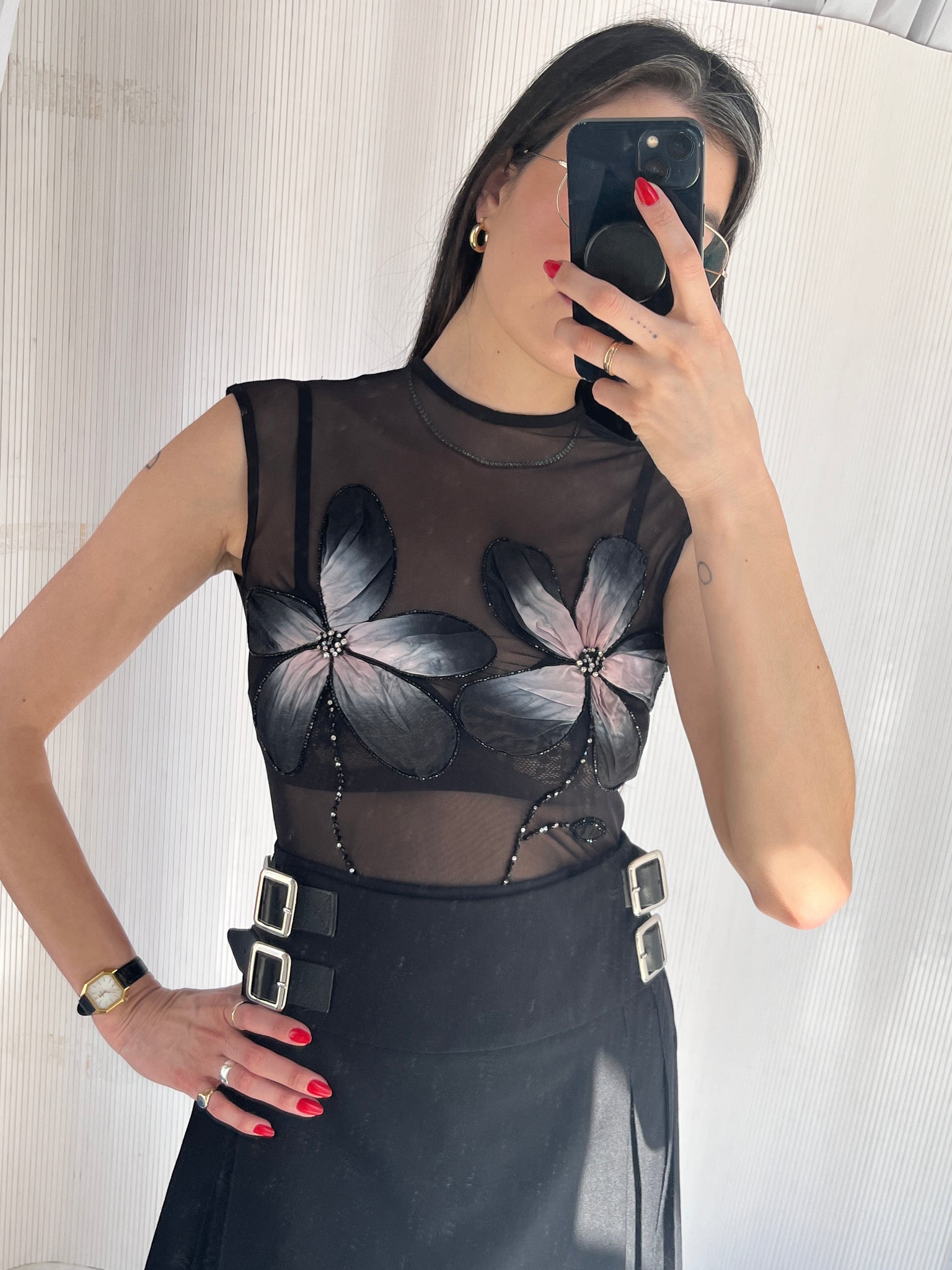 Floral applique mesh top