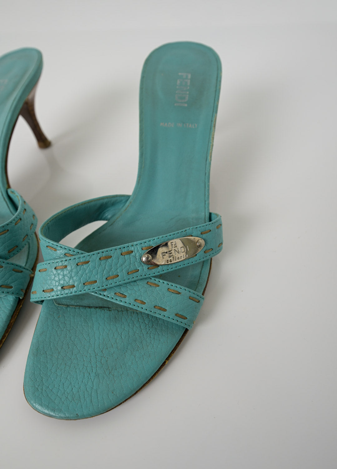 Fendi Teal Leather Sandals (39)