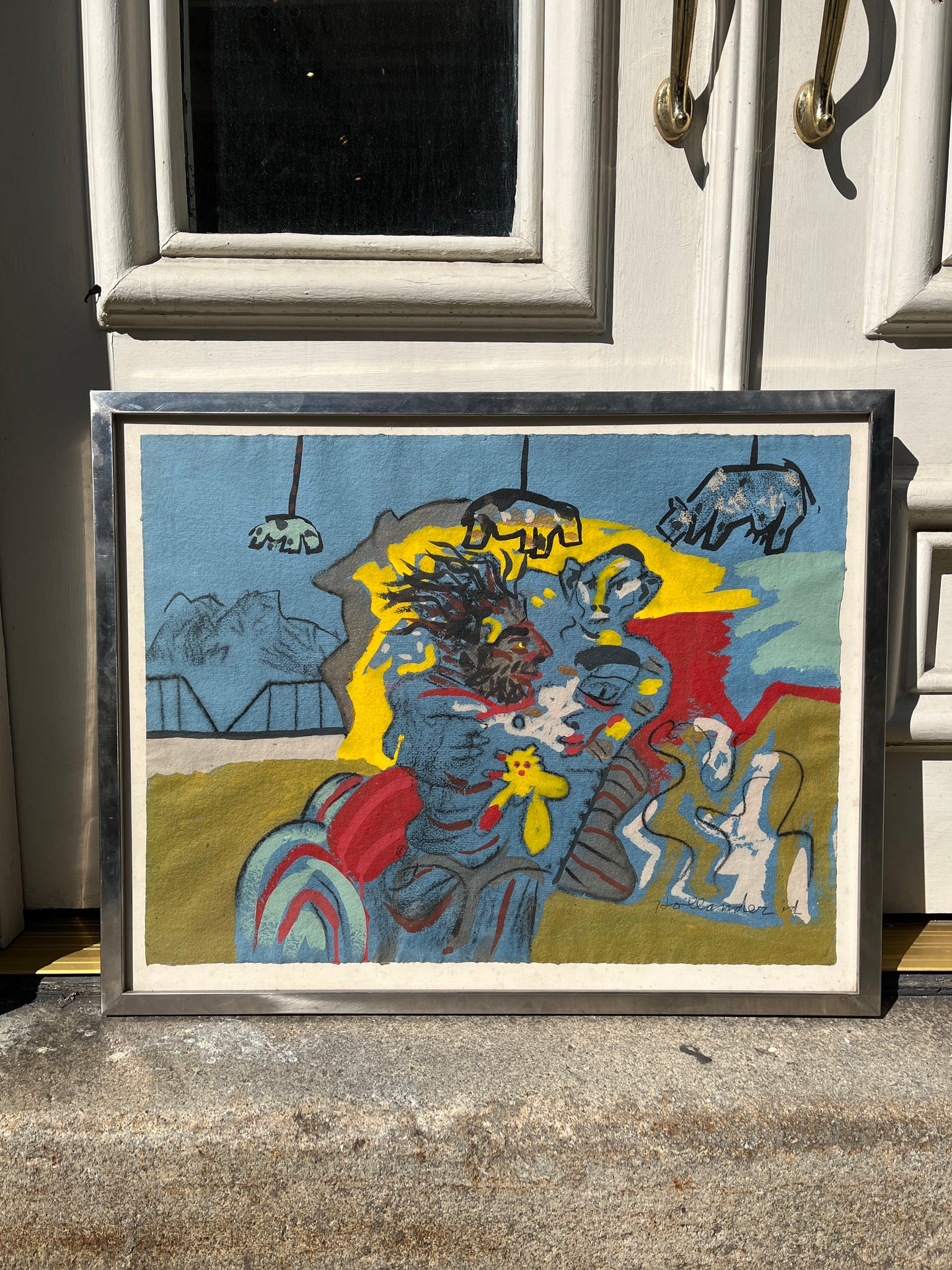 Irwin Hollander 1960s original work framed — mixed media on parchment