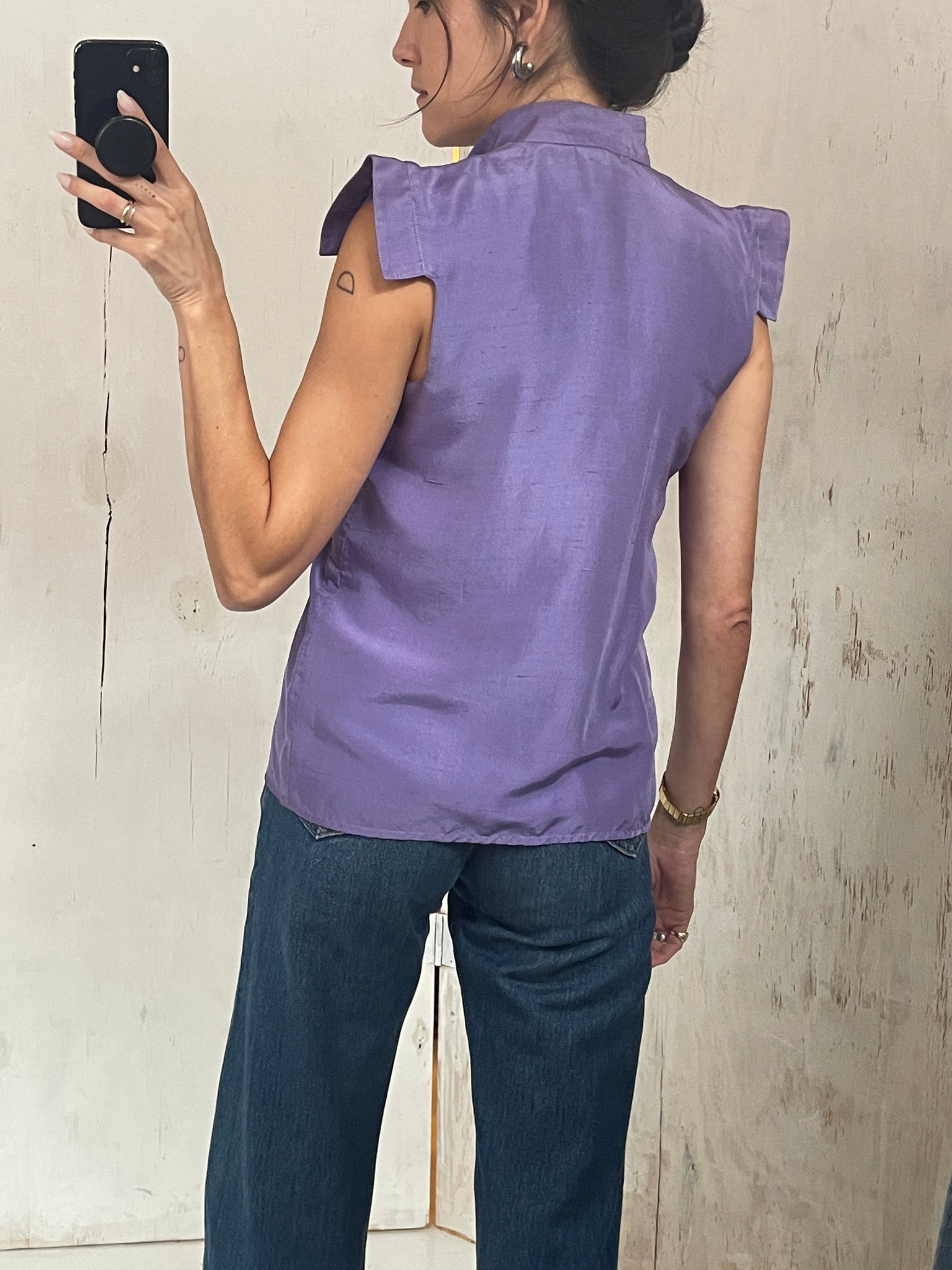 80s Thierry Mugler Purple Silk Sleeveless Blouse