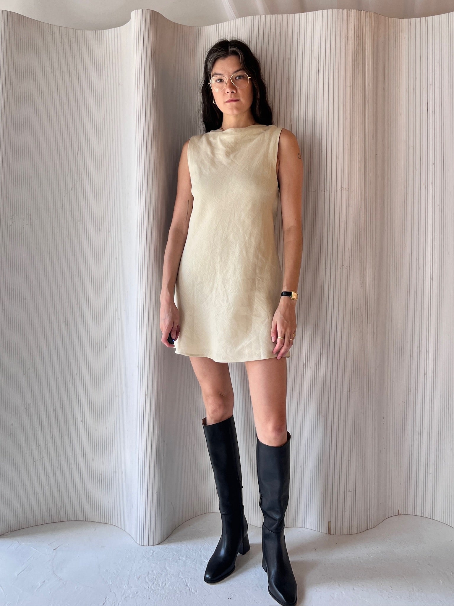 Dissh off white cowl neck dress