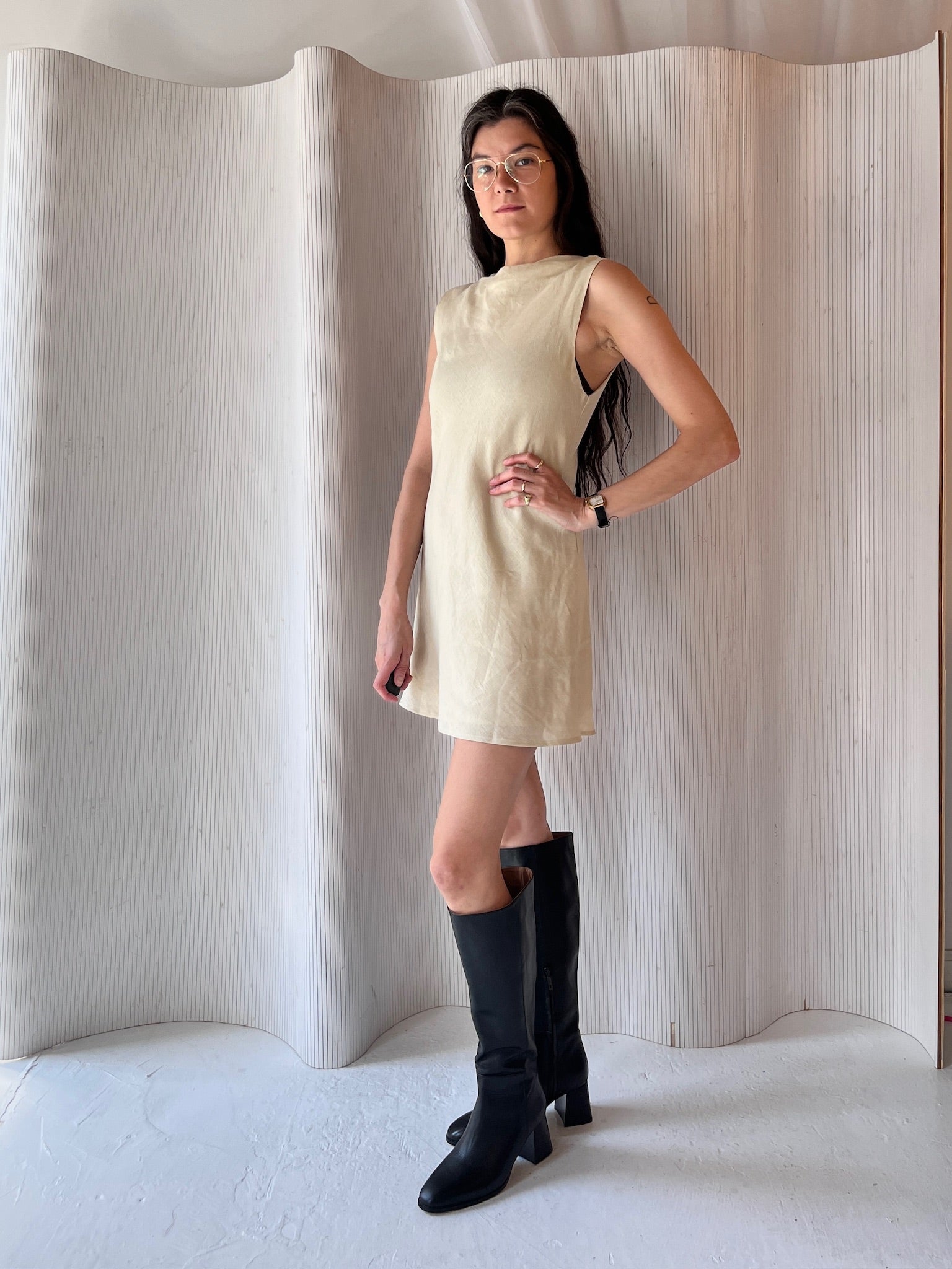 Dissh off white cowl neck dress