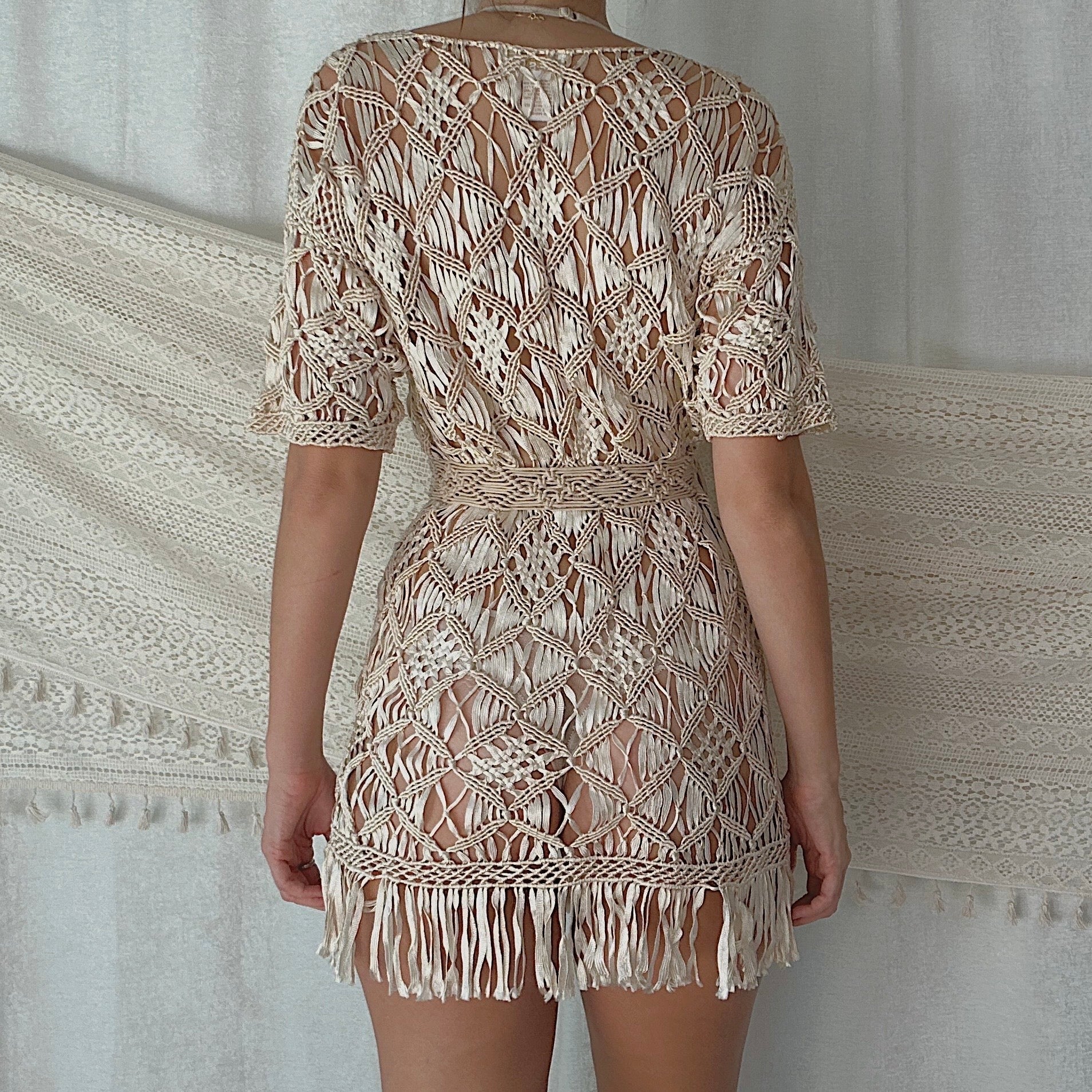 90's Cream Ribbon Crochet Fringe Dress / SZ S-M - 3