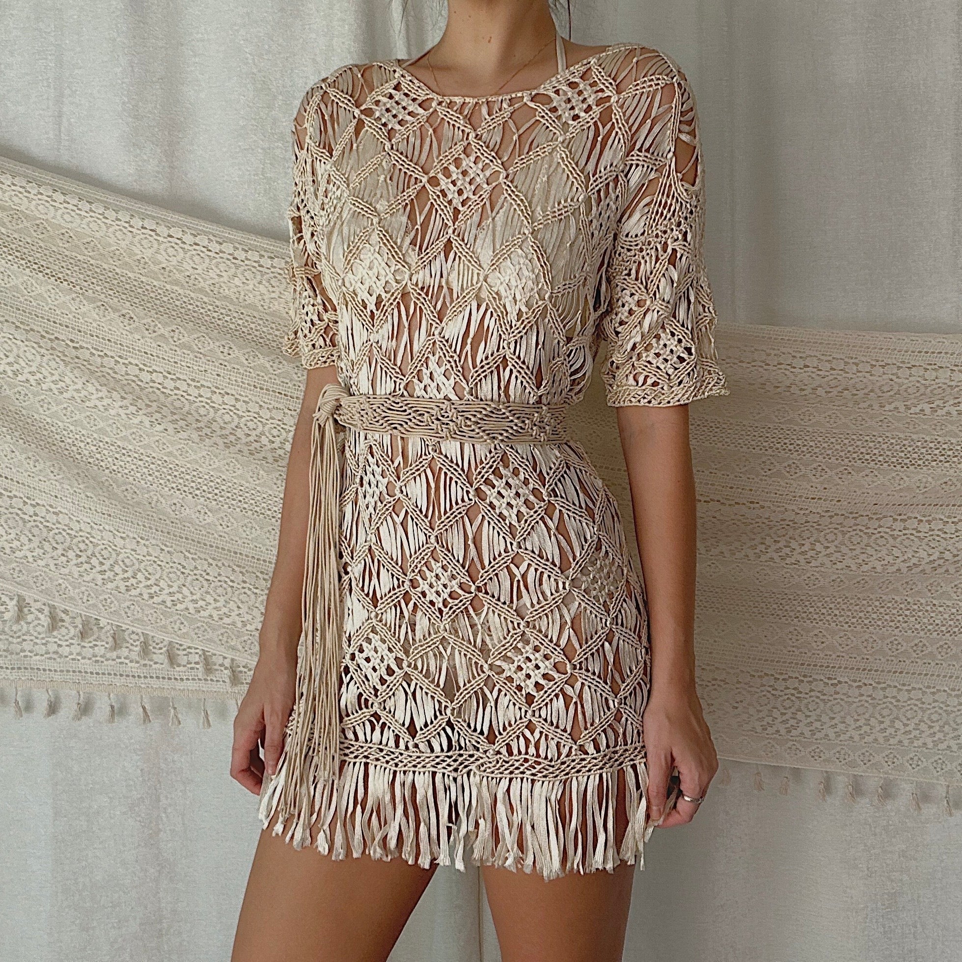 90's Cream Ribbon Crochet Fringe Dress / SZ S-M - 2