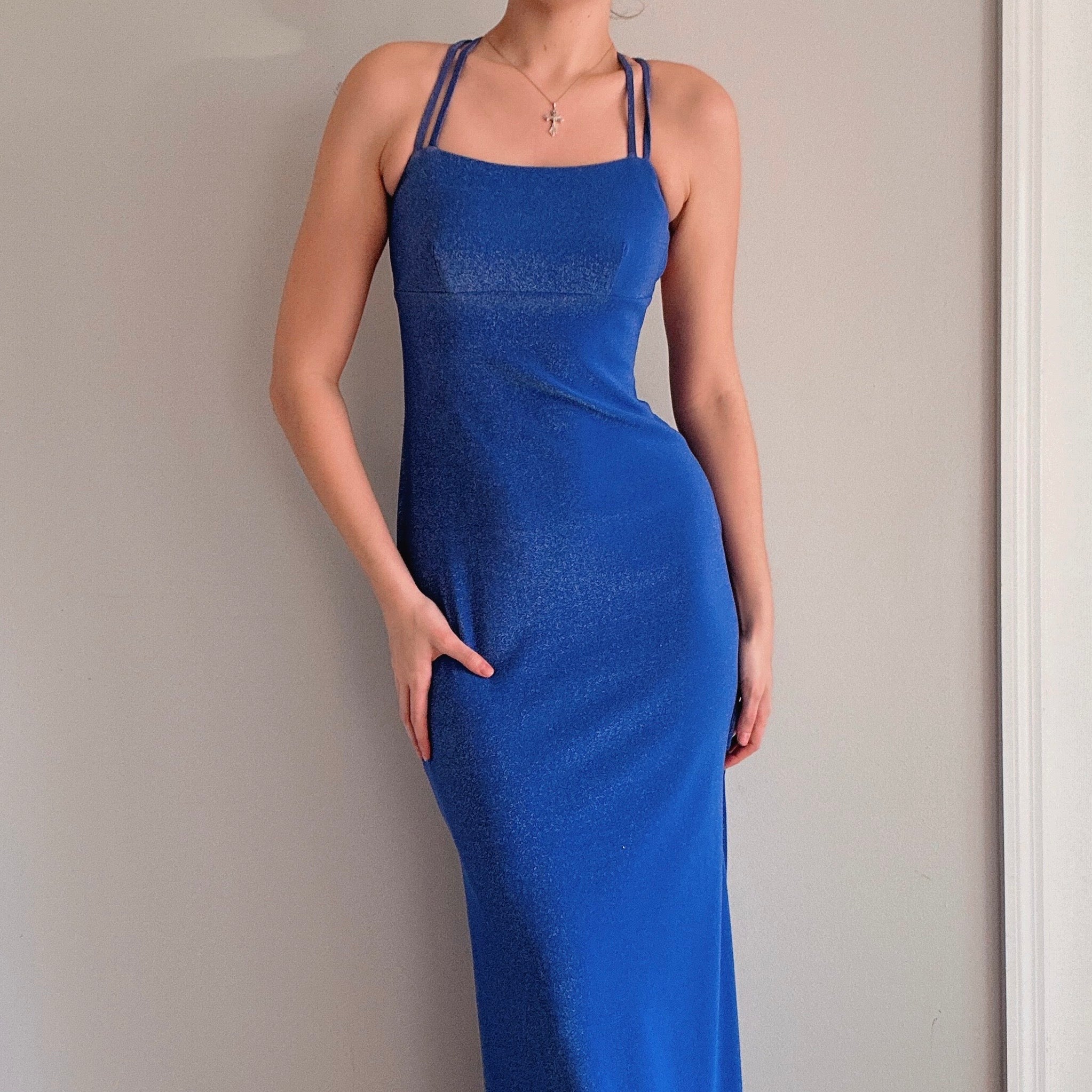 90's Blue Sparkle Crossback Gown / SZ S - 4