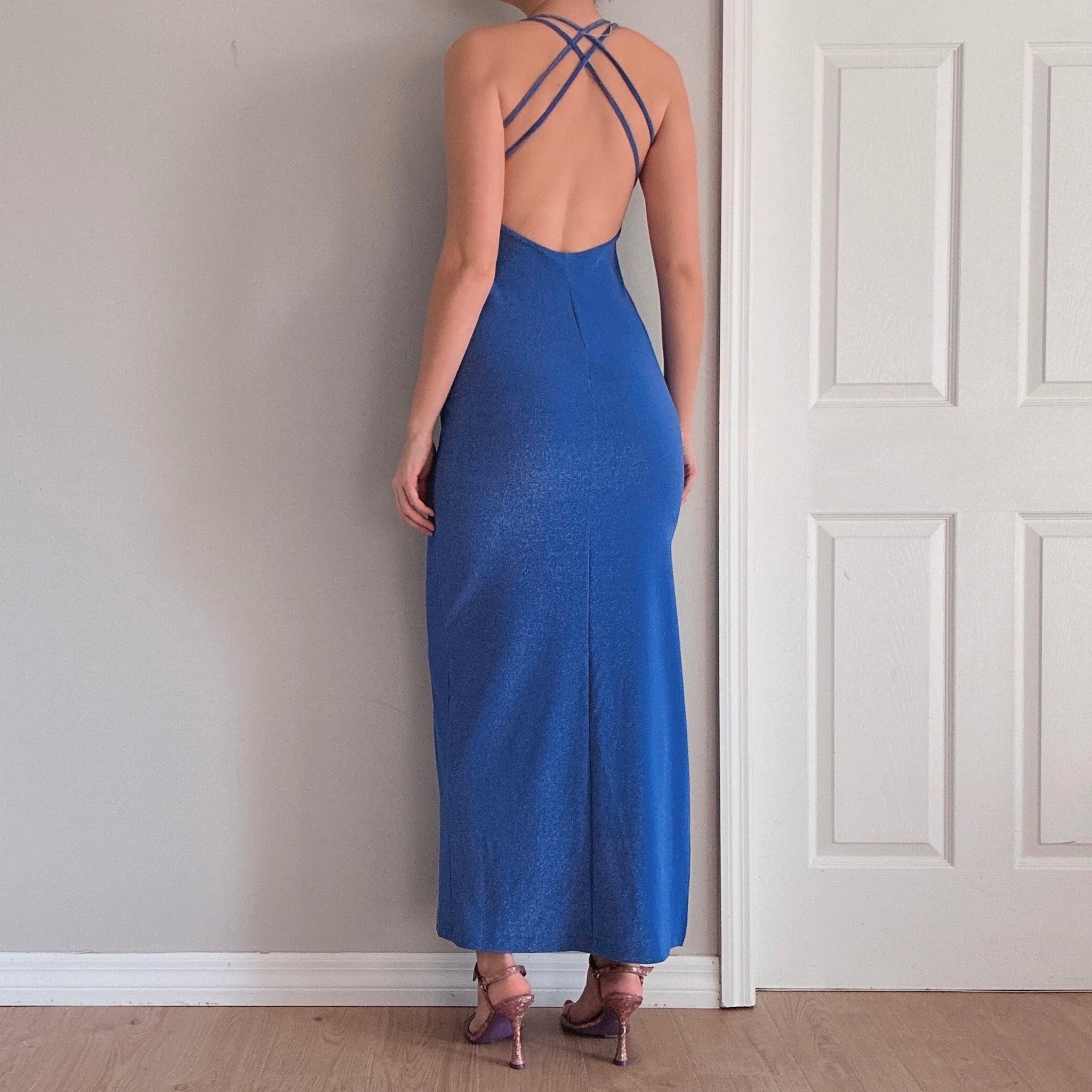 90's Blue Sparkle Crossback Gown / SZ S - 5