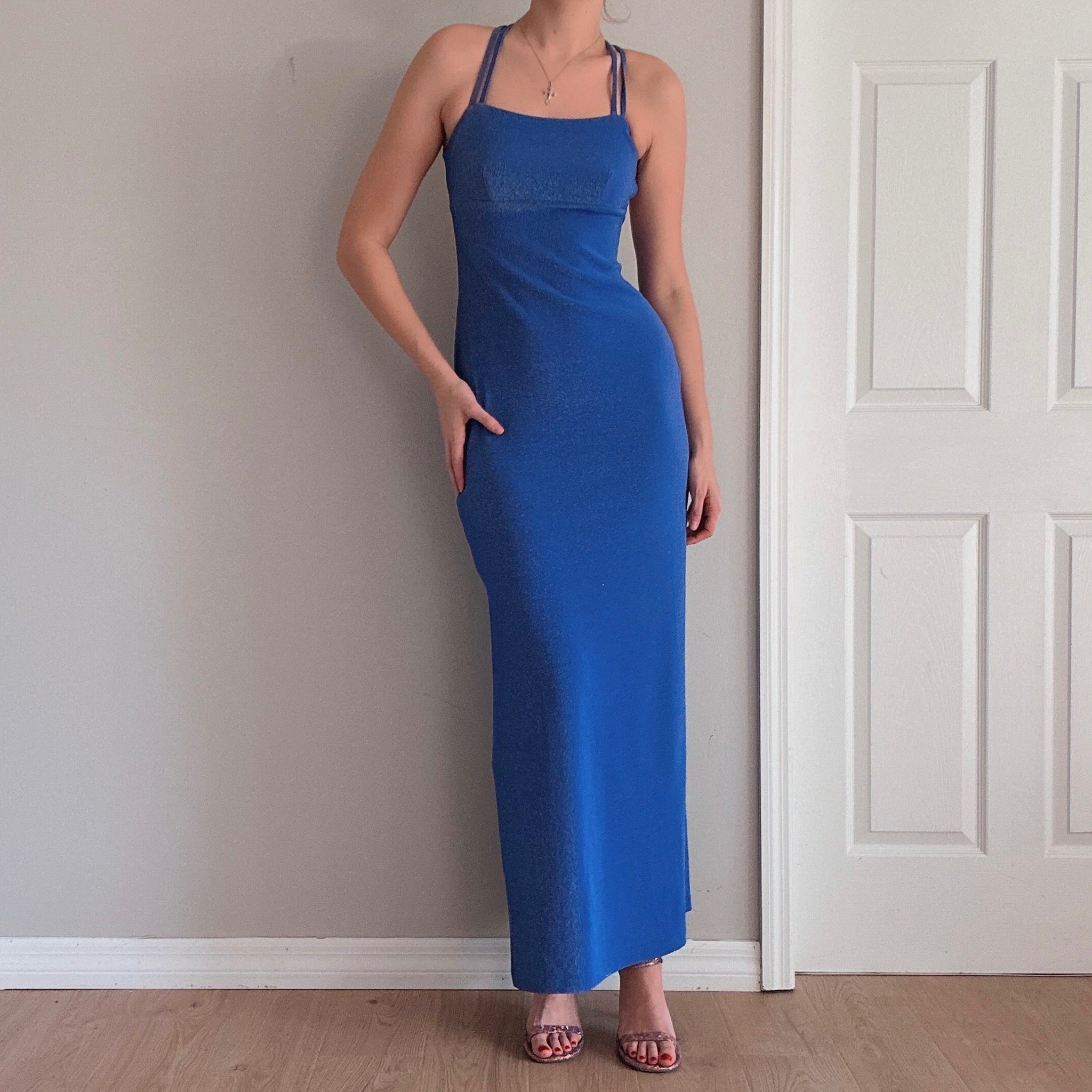 90's Blue Sparkle Crossback Gown / SZ S - 1