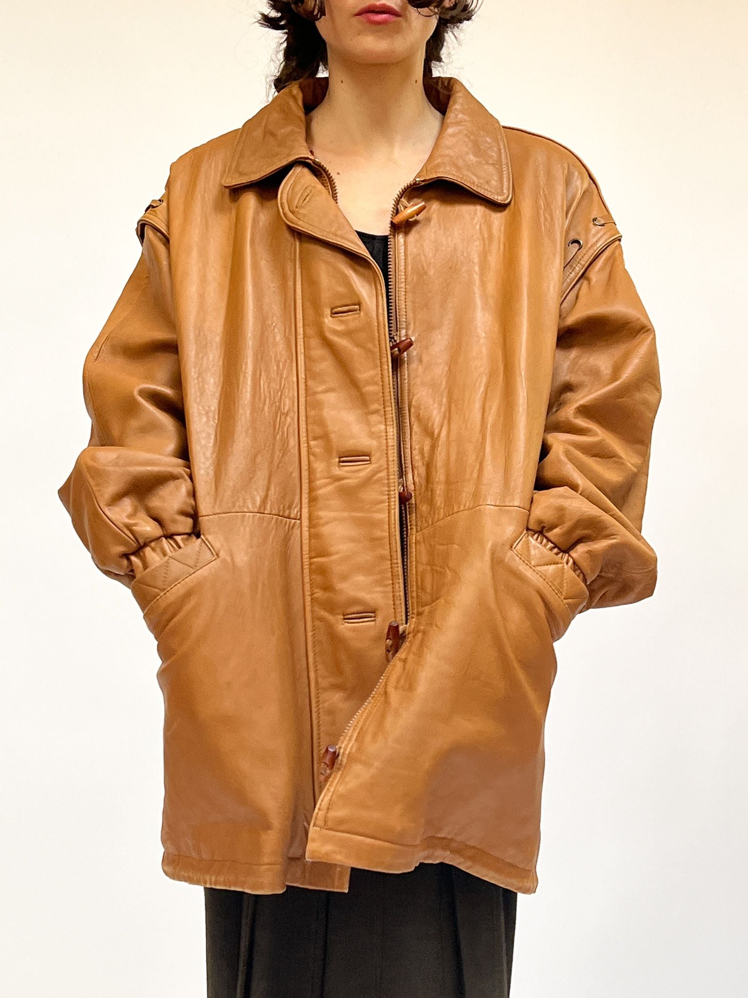 Caramel Leather Laced Sleeve Bomber - 1