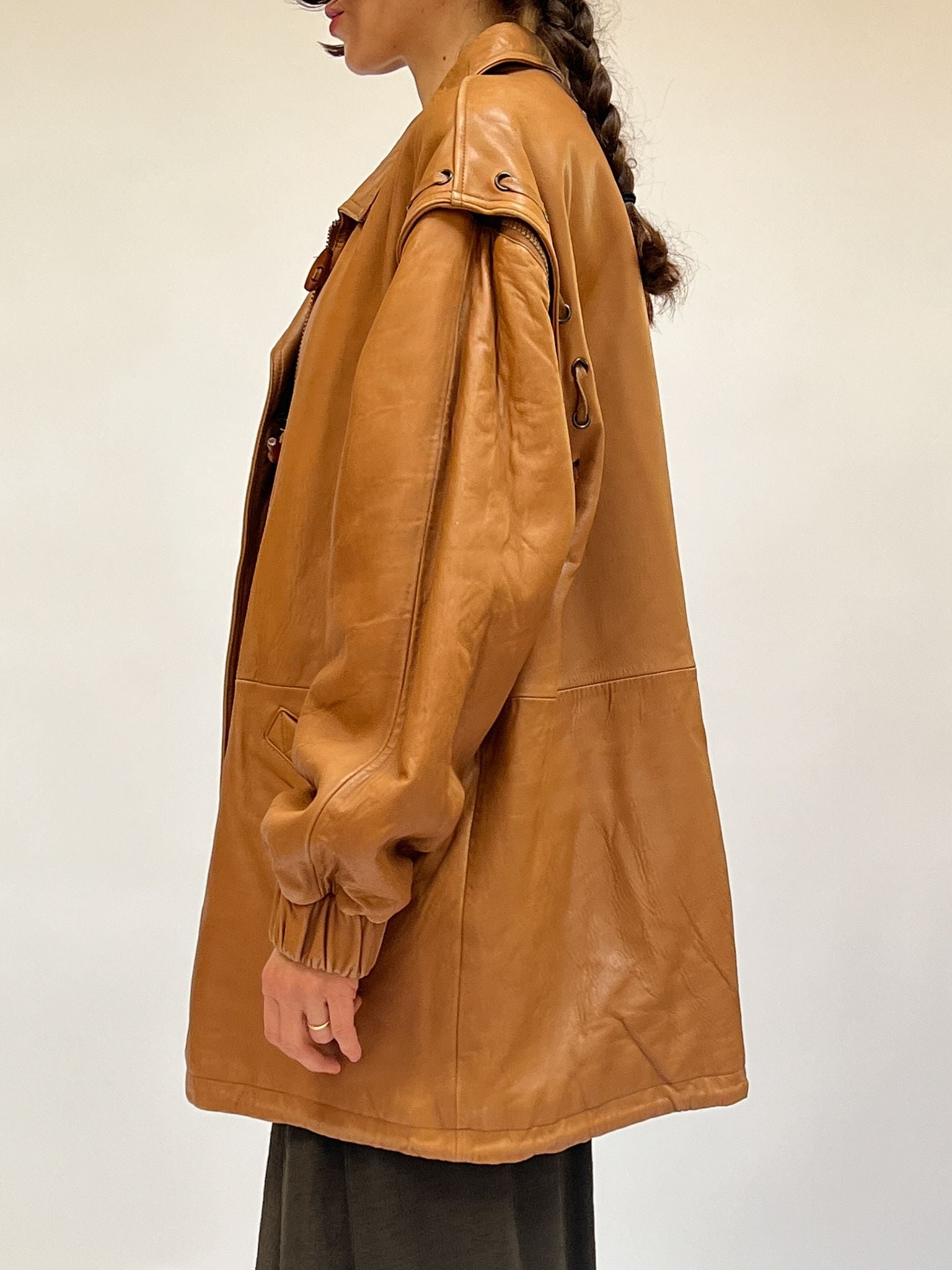 Caramel Leather Laced Sleeve Bomber - 2