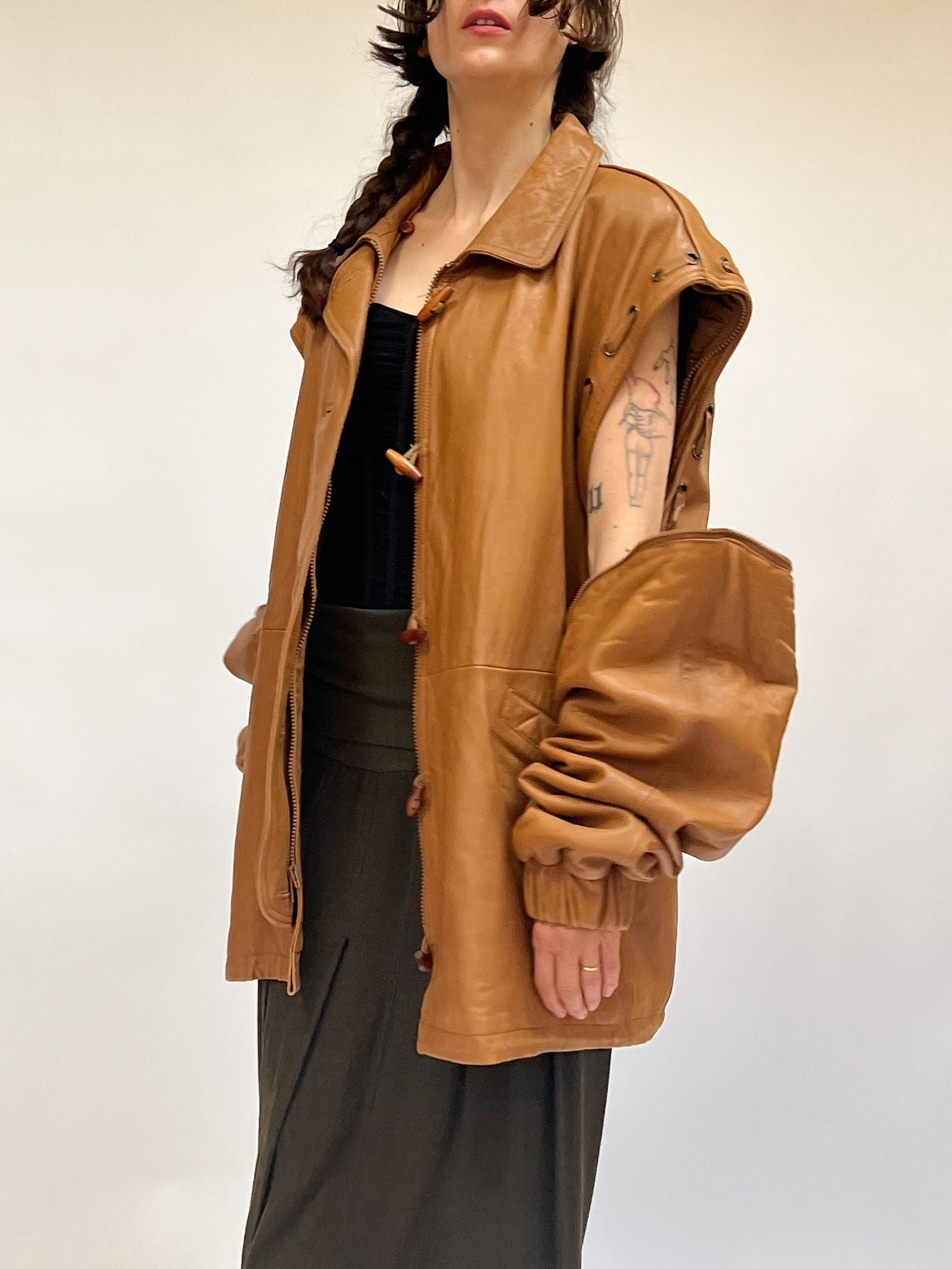 Caramel Leather Laced Sleeve Bomber - 5