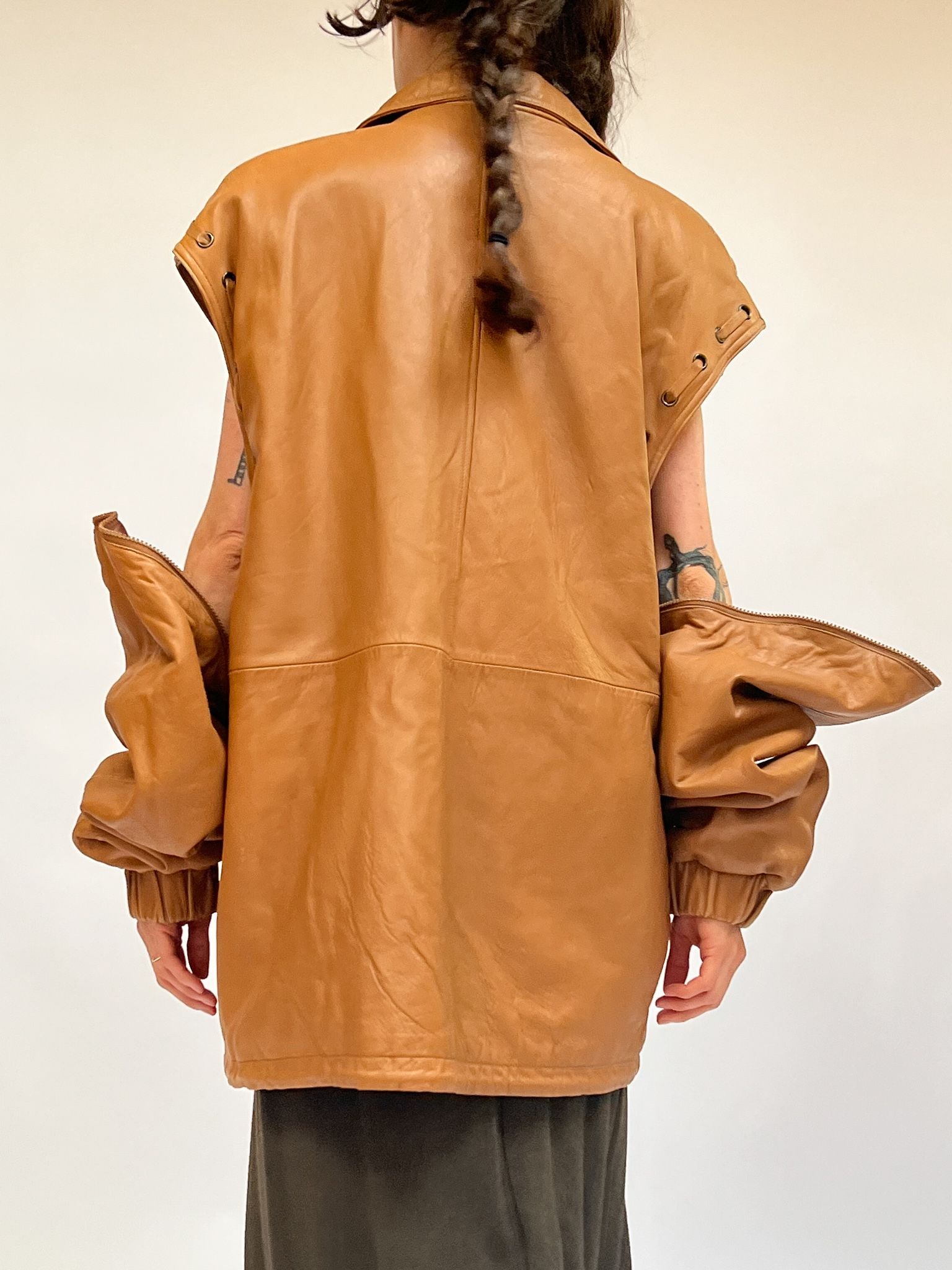 Caramel Leather Laced Sleeve Bomber - 6