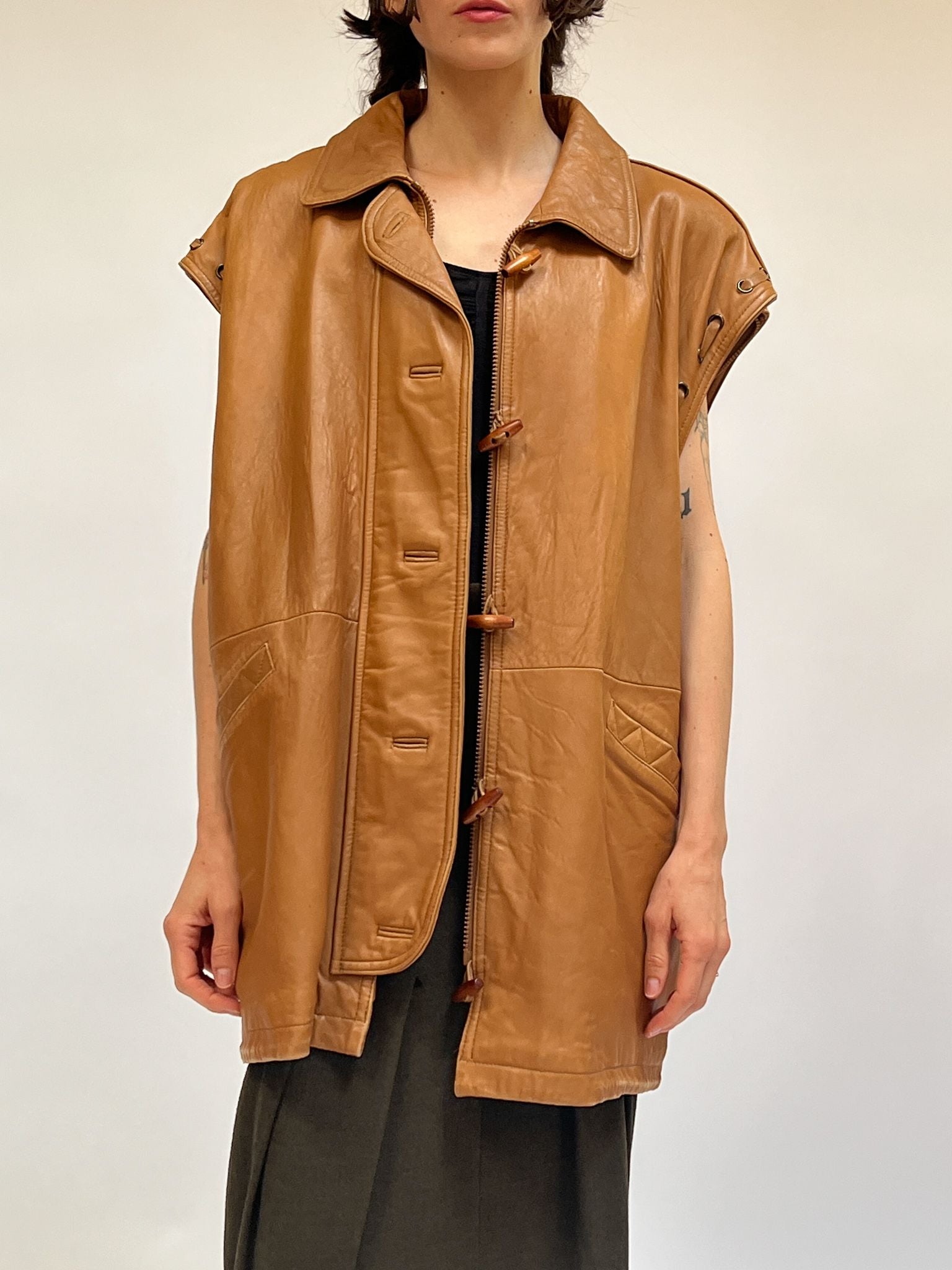 Caramel Leather Laced Sleeve Bomber - 7